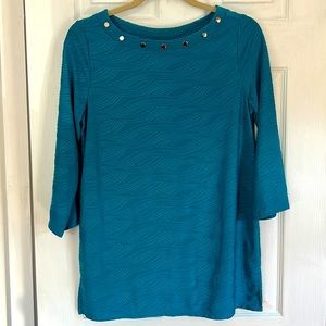 Dana Buchman Womens Top Embellished Boat Neck Turquoise Medium NWOT 3/4 Sleeves